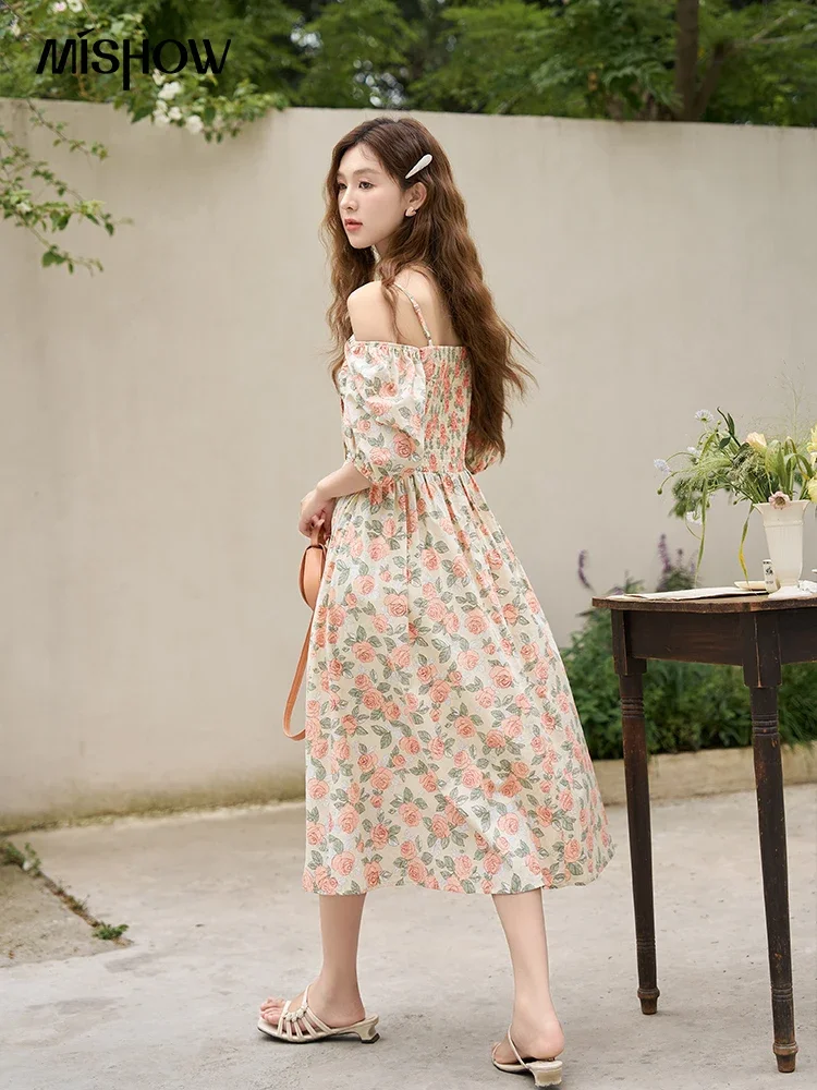 MISHOW Floral Dress 2023 Summer French 100 Cotton A-LINE Puff Sleeve Slash Neck Square Neck Folds Waist Long Dresses MXC33L1397