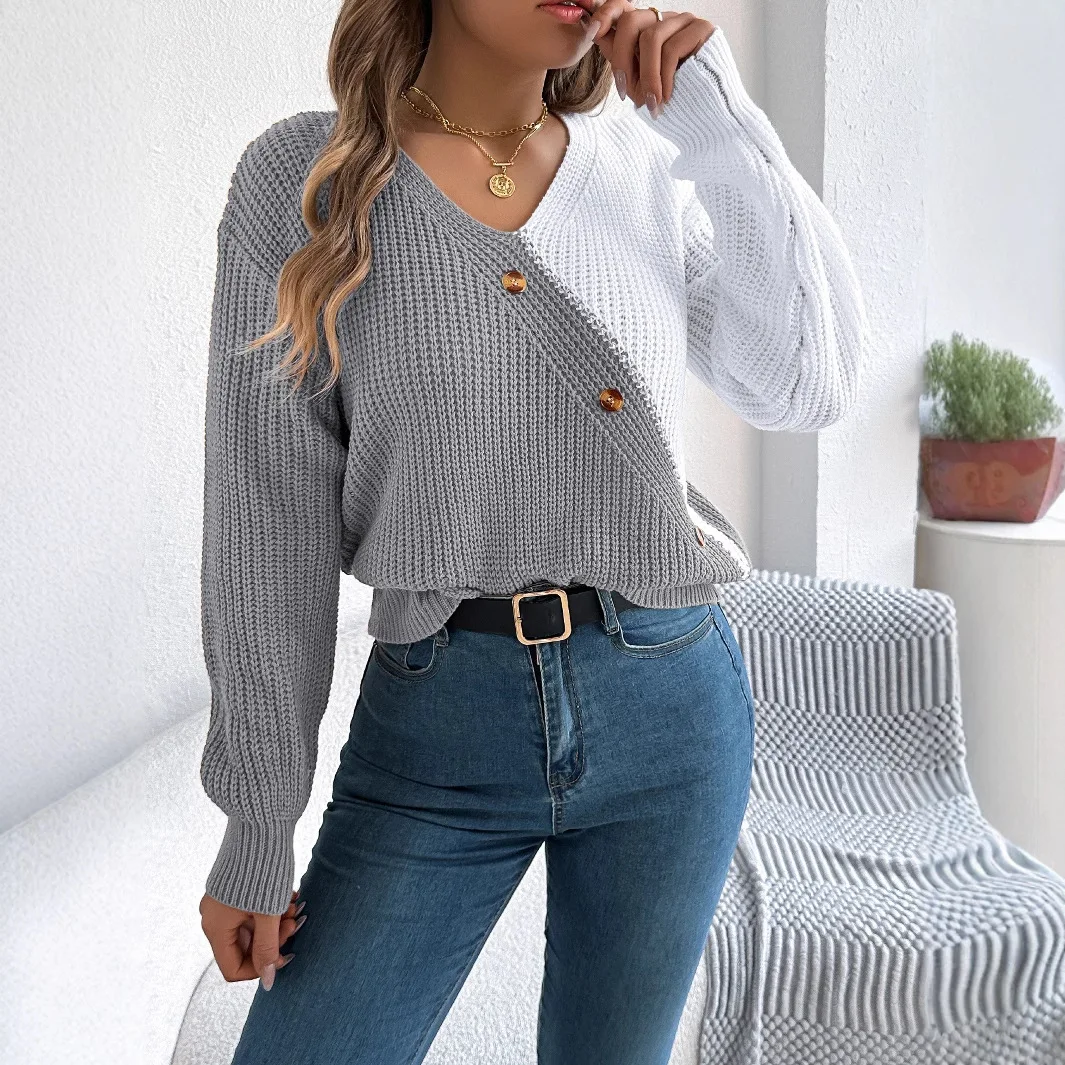 Women's Sweater Casual V-Neck Button Color Collision Lantern Sleeve Pullover Top