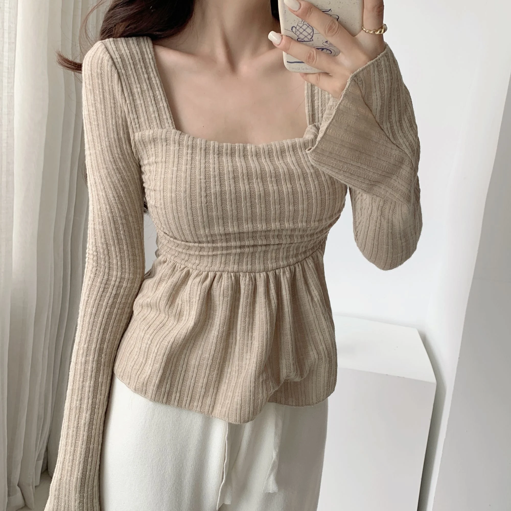 

Elegant T-Shirt Women Sweet Gentle Korean Folds Tees Slim Fashion Solid Square Neck Loose Flare Sleeve Autumn Casual Bottom Tops