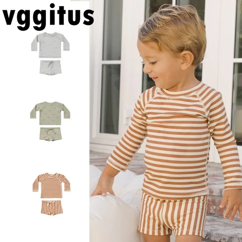 

Summer Baby Swimwear Sets Kids Boys Raglan Long Sleeve Stripe O-neck Pullover Tops+Swimming Trunks Children Bathing Suit H24023