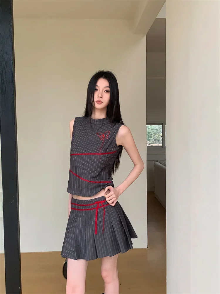 Summer Women Vintage Old Money 2000s Aesthetic Outfits 2 Piece Set Striped Tank Tops + A-line Mini Pleated Skirts Korean Fashion