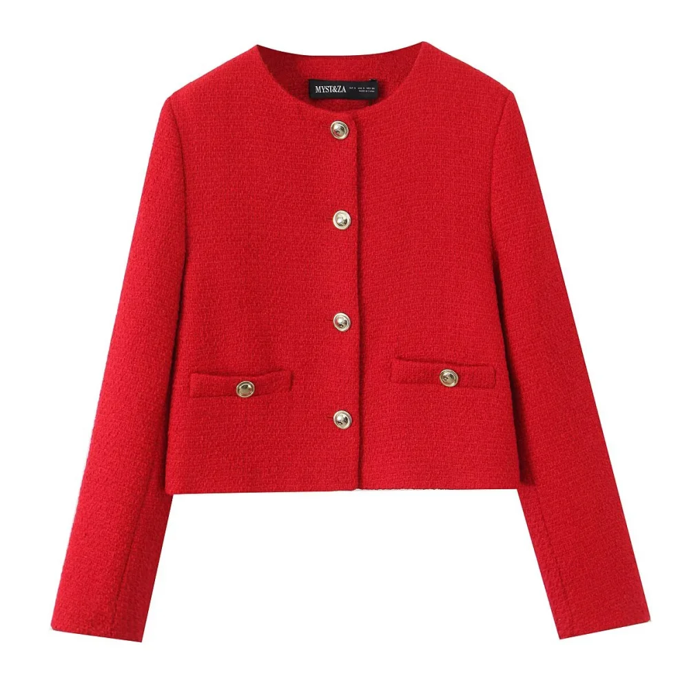 

2025 BM&MD&ZA Women's Red Cropped Tweed Jacket with Round Neck and Decorative Buttons for a Stylish and Elegant Look
