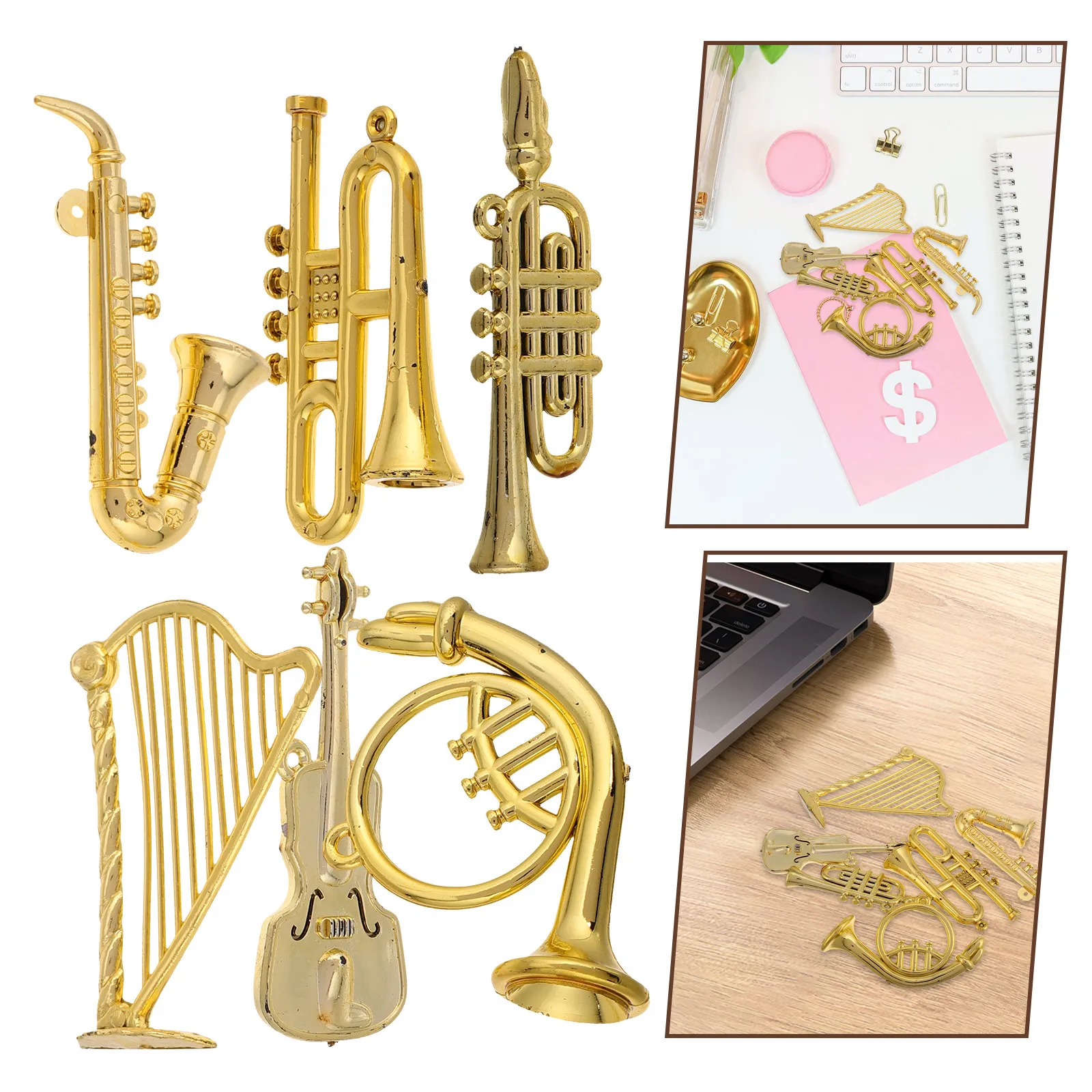 12Pcs Miniature Musical Instrument Ornaments Gold Saxophone Trumpet Trombone Decoration Christmas Tree Creative