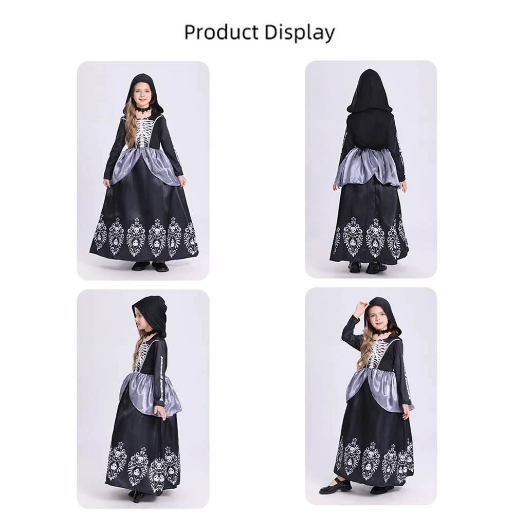 Gothic Vampire Long Dress Costume Red Floral Inner Robe With Flared Sleeves Hooded Skeleton Print Gown And Flame Pattern Hem Dress Classic Stand Collar Matching Decorative Neck Ring For Halloween Gathering Haunted House Event Horror Themed Cosplay Outfit view 5