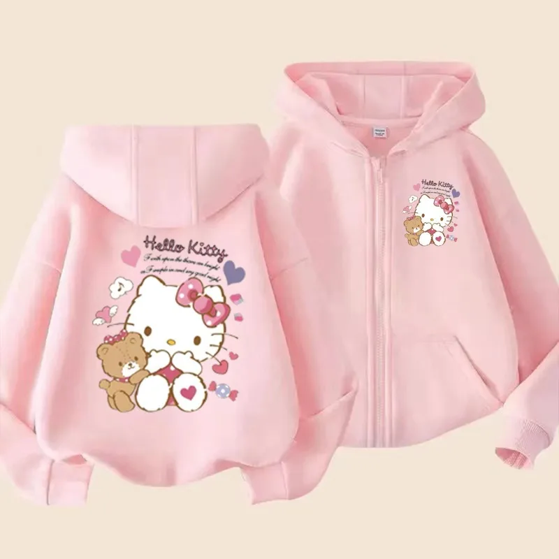 

Kawaii Hello Kitty Sanrio Student Cute Long Sleeve Hooded Hoodie Children Comfortable Sportswear Fleece Warm Jacket for Kids