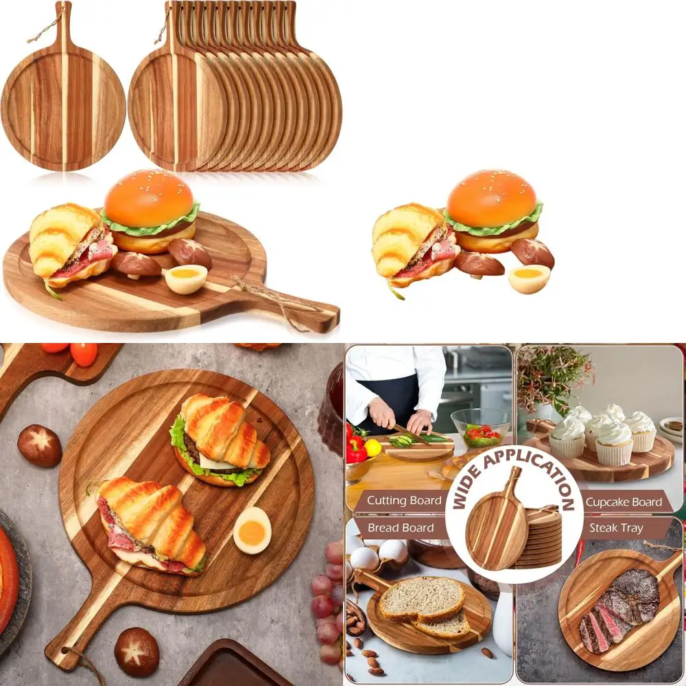 

Round Acacia Wooden Chopping Boards, 12-Pack with Handles, Serving Trays for Kitchen, Charcuterie Paddles Ideal for Pizza, Bread