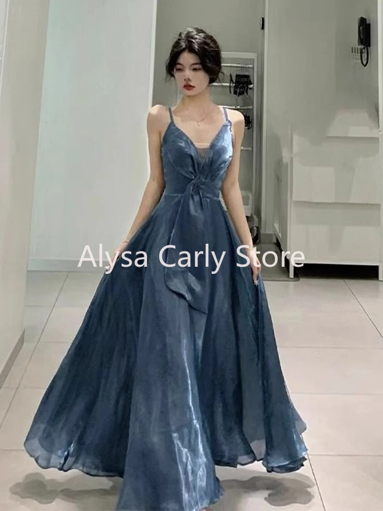 Blue Elegant Sexy Slip Dress Women Sleeveless Korean V-neck Long Dresses Fashion Casual One Piece Dress Ladies Summer 2024 Chic