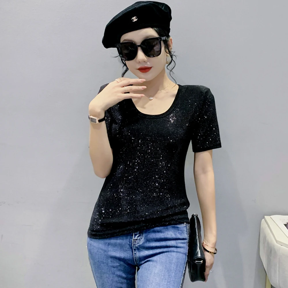 Summer European Clothes T-Shirt Chic Sexy Shiny All Diamonds Women Tops Short Sleeve Bling Hand Make 2022 Tees