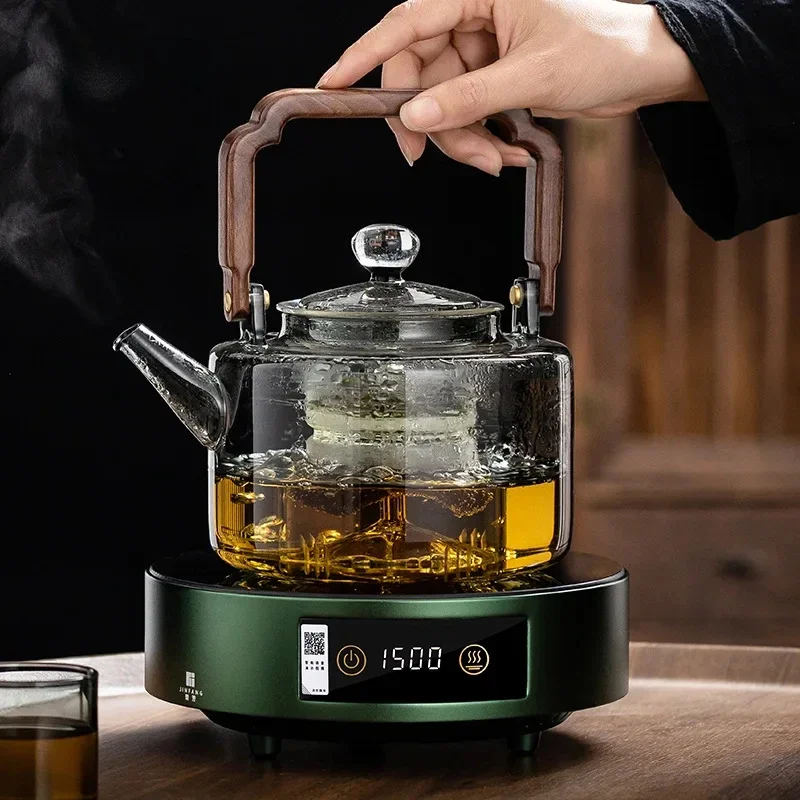 JUSTINLAU 1.3L Glass Teapot Integrated Steaming&Boiling Kettle with Thickened Filter&Wooden Handle Household Kung Fu Tea Set