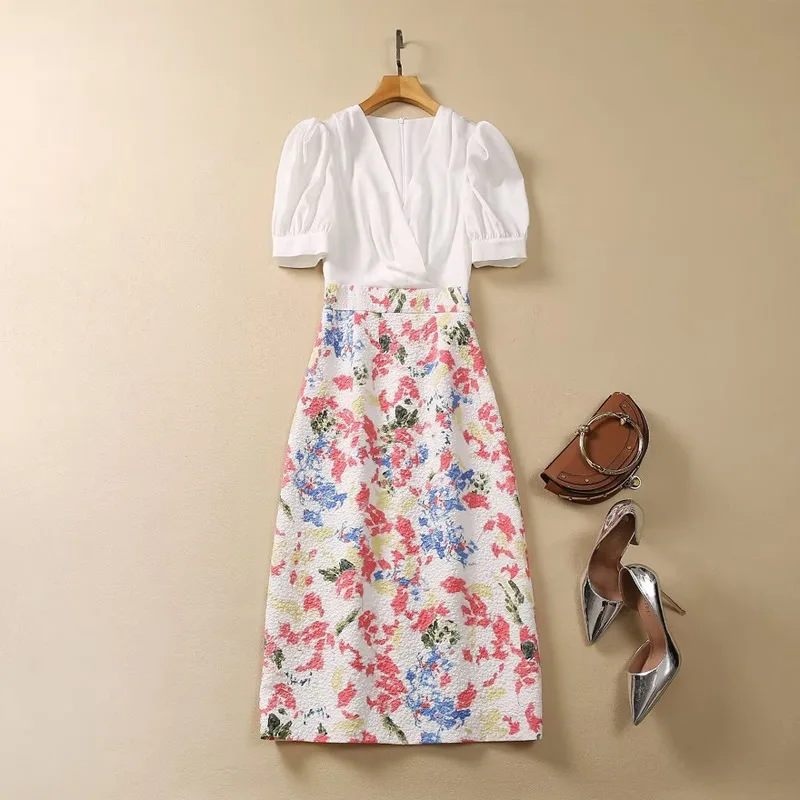 

High Quality Patchwork Dress V-Neck Lantern Sleeve Dress