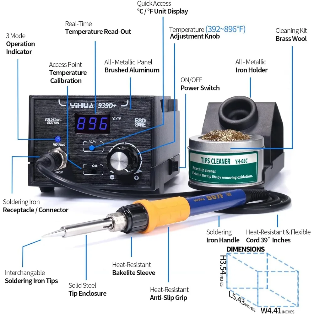 Digital Soldering Station, 75W Equivalent with Precision Heat Control (392°F to 896°F), ESD Safe, Lead Free, °C/°F Display