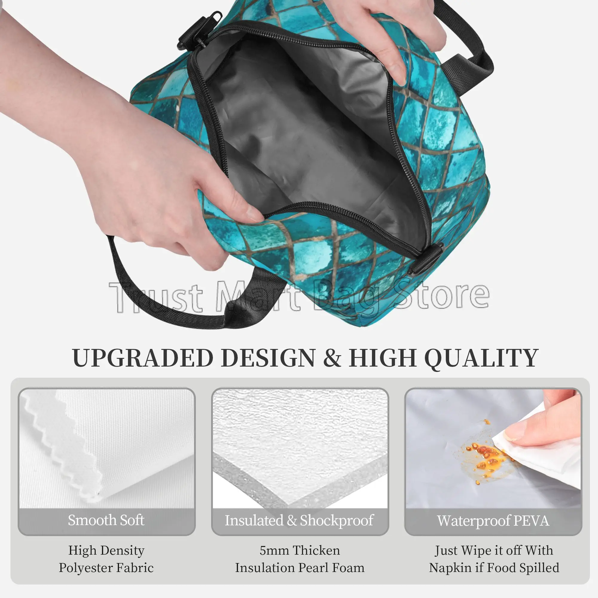 Abstract Turquoise Blue Teal Insulated Lunch Box Reusable Portable Thermal Cooler Bento Tote Bags with Adjustable Shoulder Strap