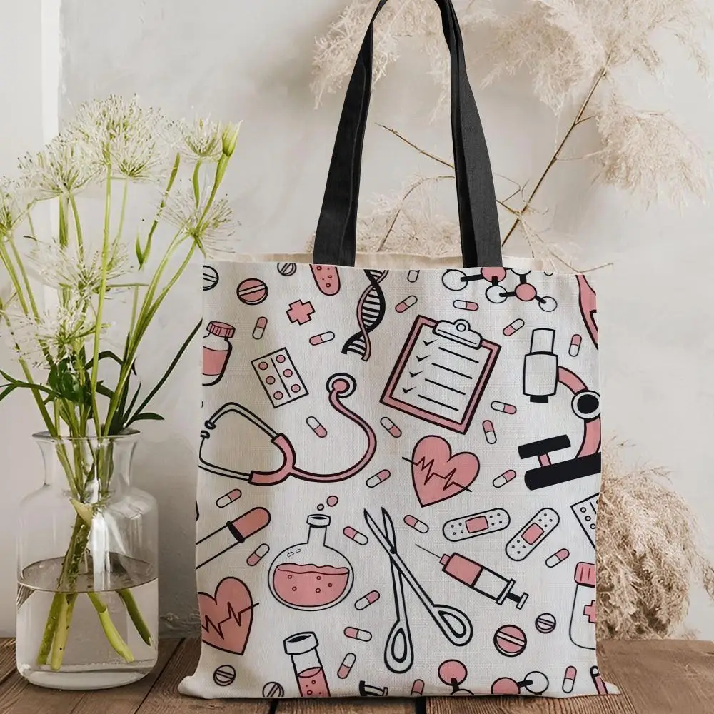 Hot Sale Nurse ECG Printing Storage Bags Canvas Tote Bag Double-Sided Print Fashion Shoulder Shopping Bag Gift Handbags