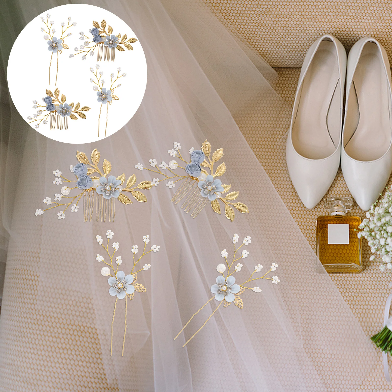 

4Pcs Flower Hair Combs High Toughness Elegant Branch Design Romantic Photo Prop Exquisite Hand Polished Attractive Party Hair