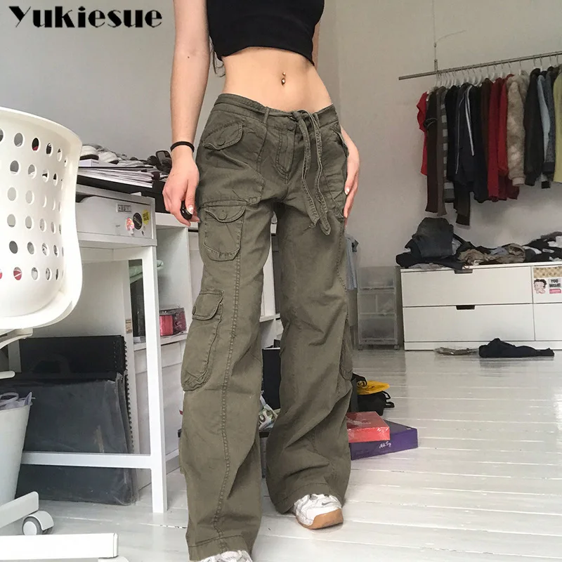 Retro gray overalls wide leg cargo women pants women's trousers sexy low waist loose casual trousers vintage streetwear