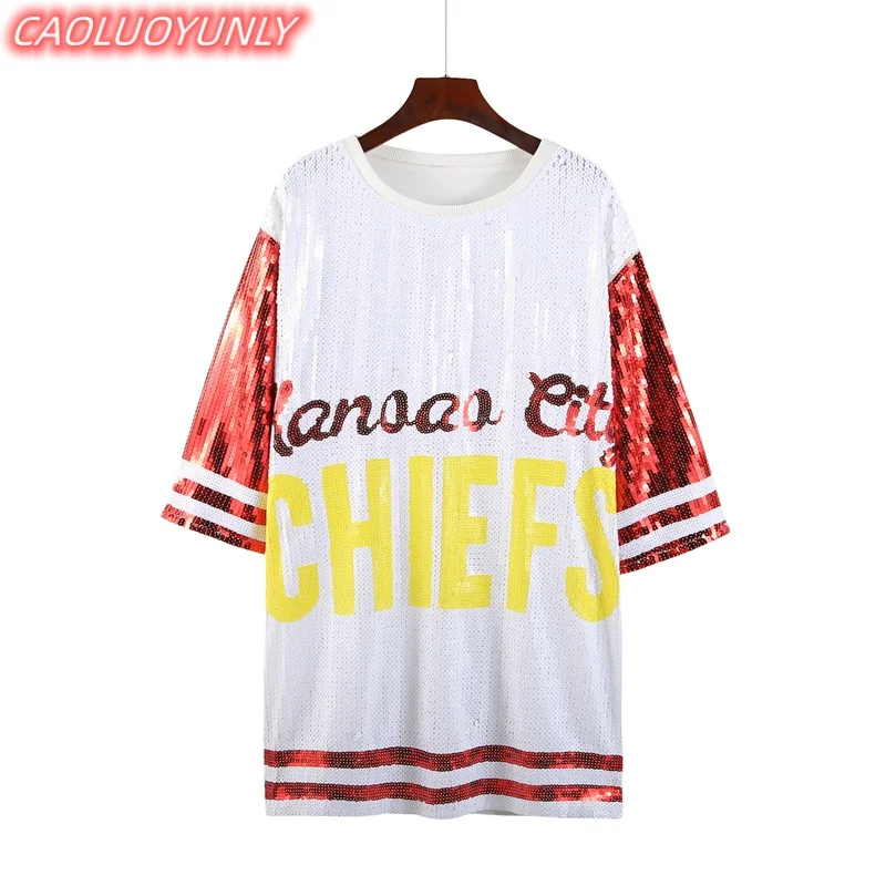 Summer High Quality Streetwear Sequins Stripe Letter Short Sleeve Patchwork T-Shirt Hip Hop Round Neck Straight Women' Wears