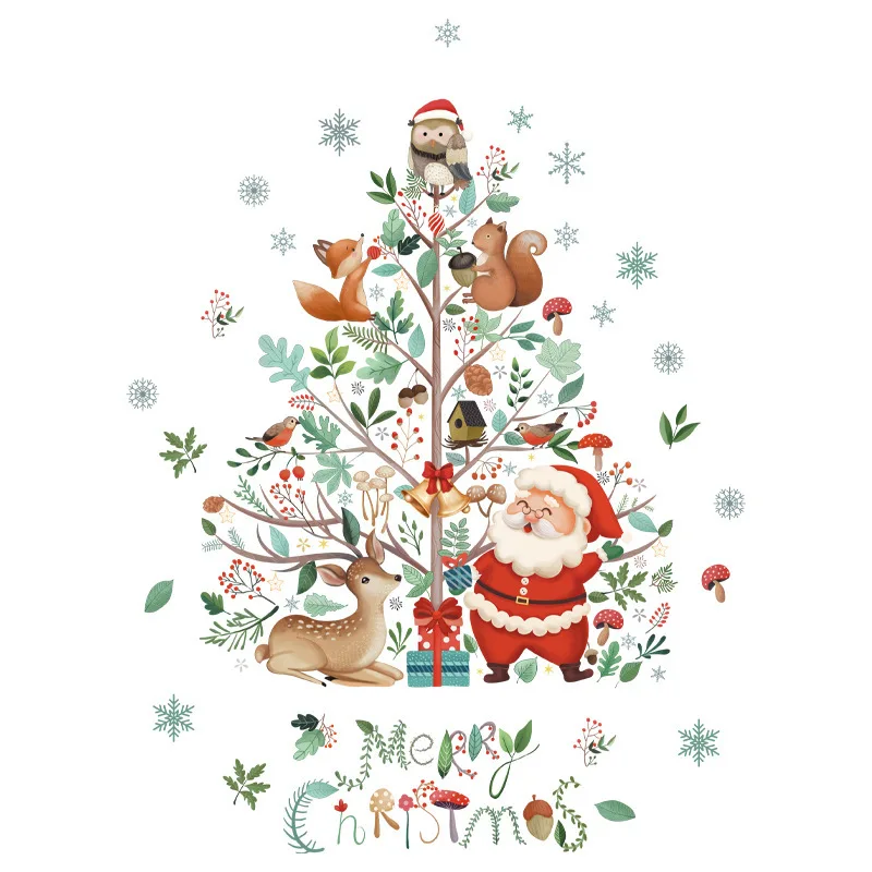 Cartoon Merry Christmas Window Stickers Santa Claus Xmas Tree Glass Decal Christmas Decorations for Home 2026 New Year