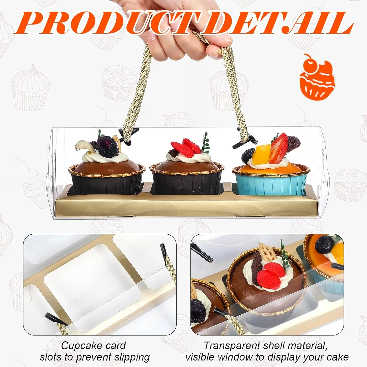 10Pcs Clear Cupcake Boxes Portable Cupcake Container with Rope Handles 3 Compartments Rectangular Cake Carrier for Dessert Party
