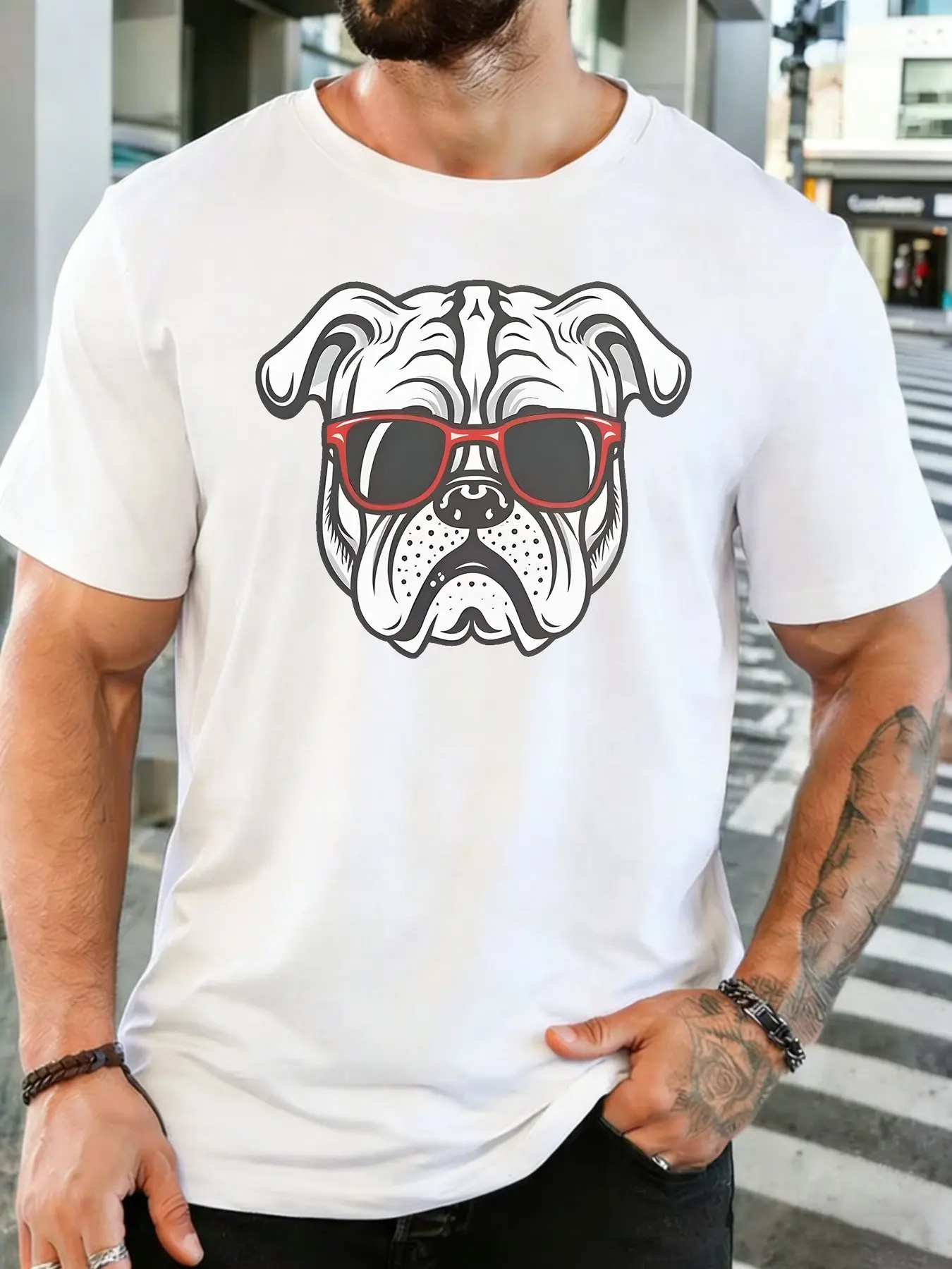 Mens Cotton Tee Cool Bulldog With Red Sunglasses Cartoon Graphic O Neck Short Sleeve Loose Casual Summer Top For Dog Lover Men