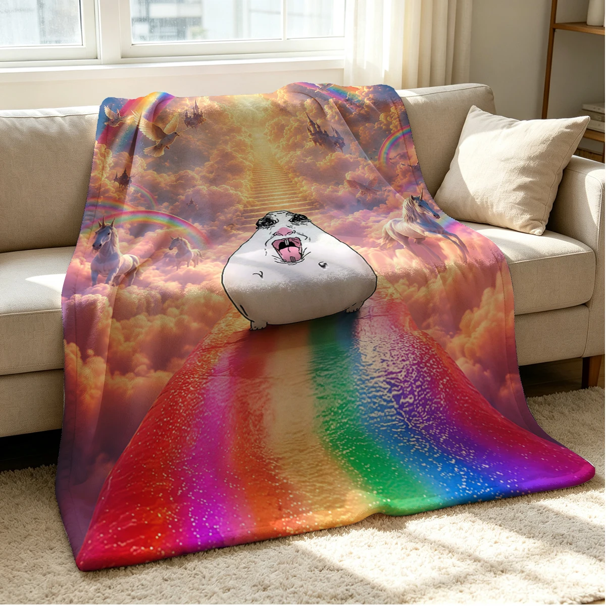 Rainbow Heaven Flannel Blanket Warm Soft Halloween Christmas Couch Warm Cozy Decorative Decor Gift for All Season