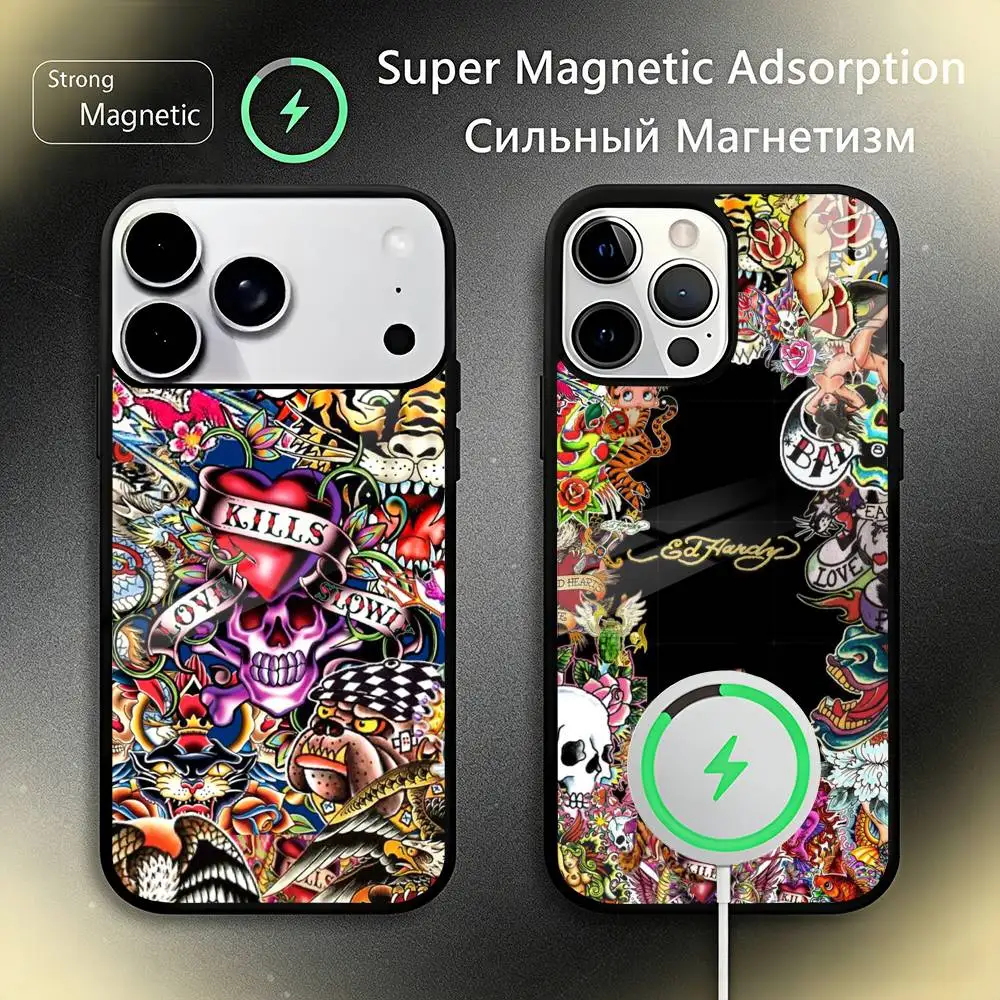 

E-Ed Hardy Brands Phone Case For iPhone17,16,15,14,13,12,11 Plus,Pro Max, New Magnetic Wireless Charging