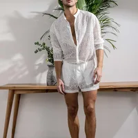 New Arrivals 2022 Men Set Summer Sexy See Through Lace Outfits Beach Fashion Short Sleeved Tops And Shorts Mens Two Piece Suits 3