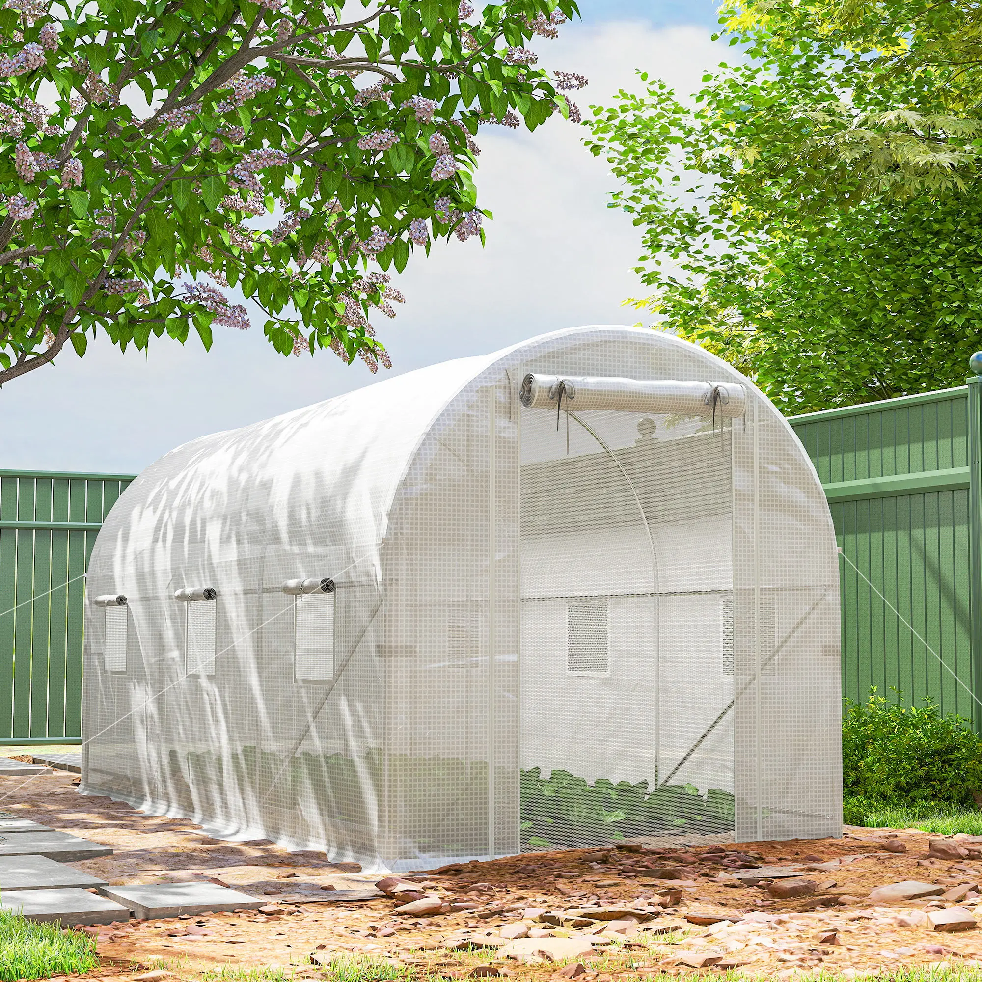 Hoop House Greenhouse, Walk-in Tunnel Greenhouse with 2 Support Rods, Zippered Roll-up Mesh Door, 14.6 x6.5 x6.6 , White