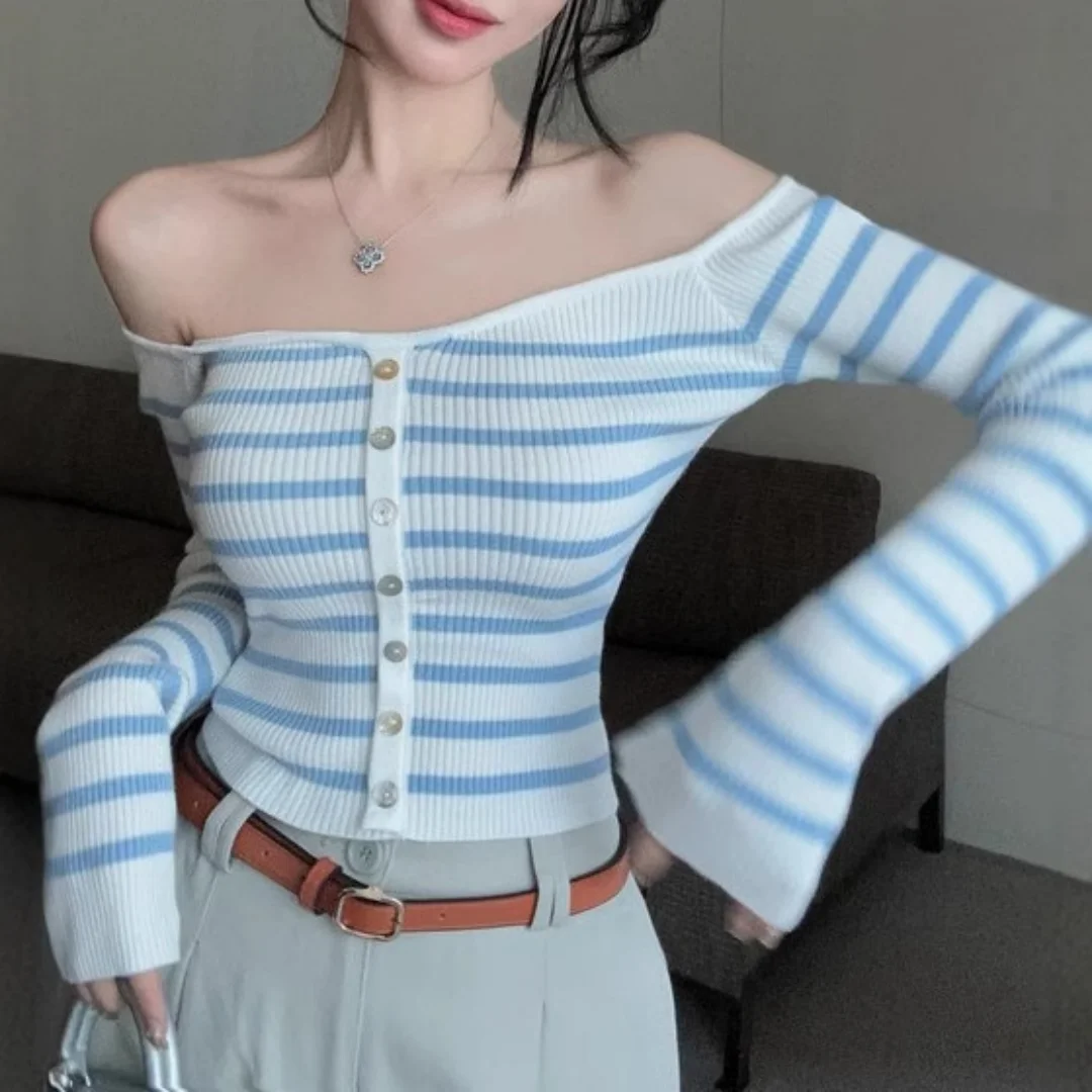 

Women's Spring Off Shoulder Striped Slim Fit Crop Knit Top Long Sleeve Waist Cinching Slimming Base Top for Women