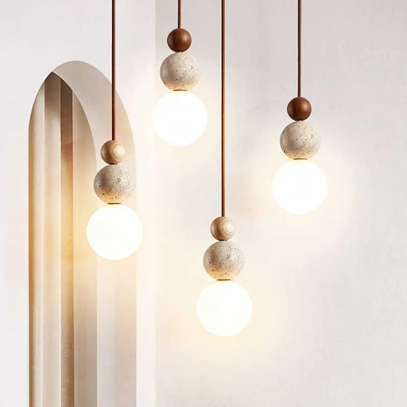 Stone Pendant Lamp Wood Hanging Light for Bedroom Bedside Light Dining Table Small Light Home Decoration