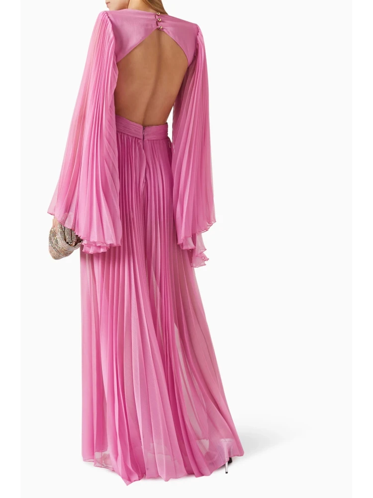 Sexy Deep V Neck Cutout 3DFlower Jumpsuit Women Pink Long Sleeve Pleats Floral Flare Jumpsuit Elegant Evening Party Runway Gowns