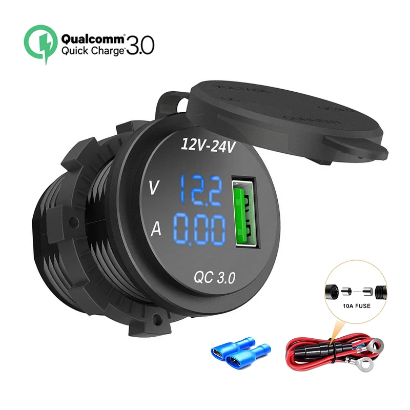 Upgraded Car Voltage VA Tester QC3.0 USB Charger Socket Power Outlet Digital Voltmeter Ammeter Monitor for Car ATV RV Motorcycle