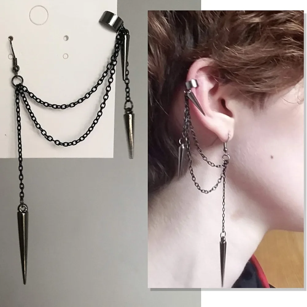 New Fashion Creative Trend Men's Retro Black Tassel Long Chain Punk Earrings Hip Hop Rivets Earrings Female Gothic Party Jewelry