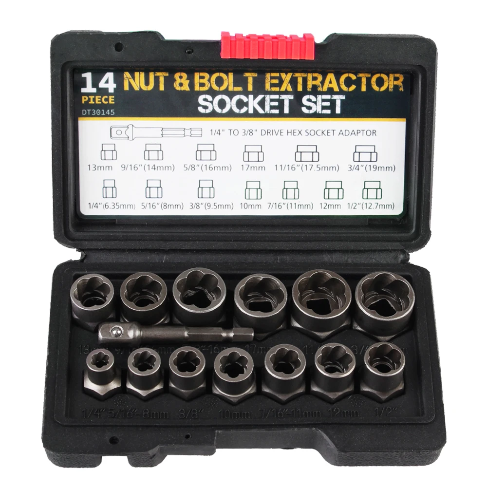 Kit di attrezzi per auto in acciaio Cr-Mo Set di prese per rimozione dadi bulloni 6,35 mm-19 mm Utensili manuali Estrattore per viti danneggiate da 14 pezzi