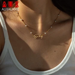Auxauxme Personalized Name 4mm Pearl Chain Necklace Stainless Steel for Women Custom Nameplate Elegant Pendant Choker Jewelry