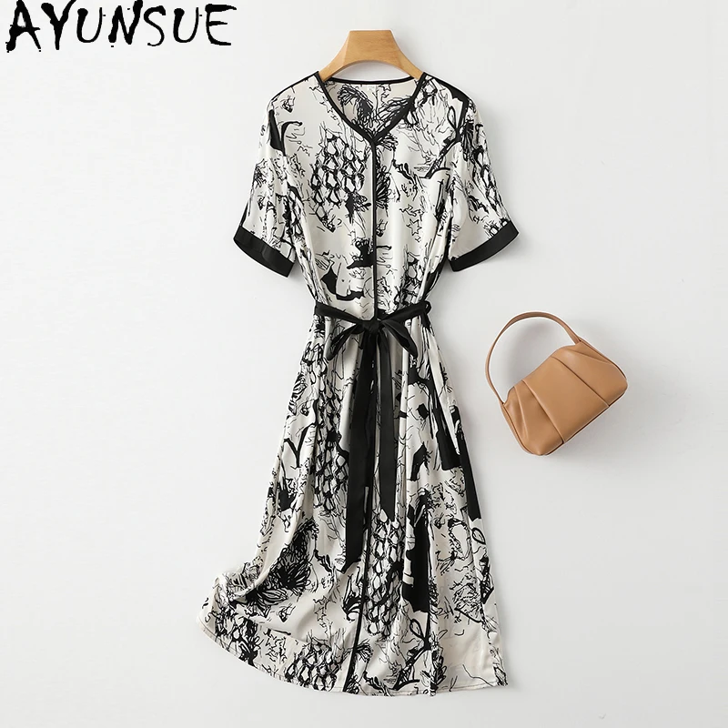 

AYUNSUE 92% Real Mulberry Silk Dresses for Women High Quality Womens Clothing Summer 2024 A Line Mid Long Dress Vestido Mujer