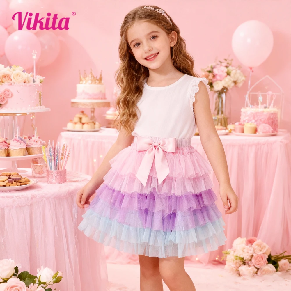 VIKITA-faldas de tutú de tul para niñas, minifalda de princesa en capas para baile, Ballet, fiesta, pastel de cumpleaños