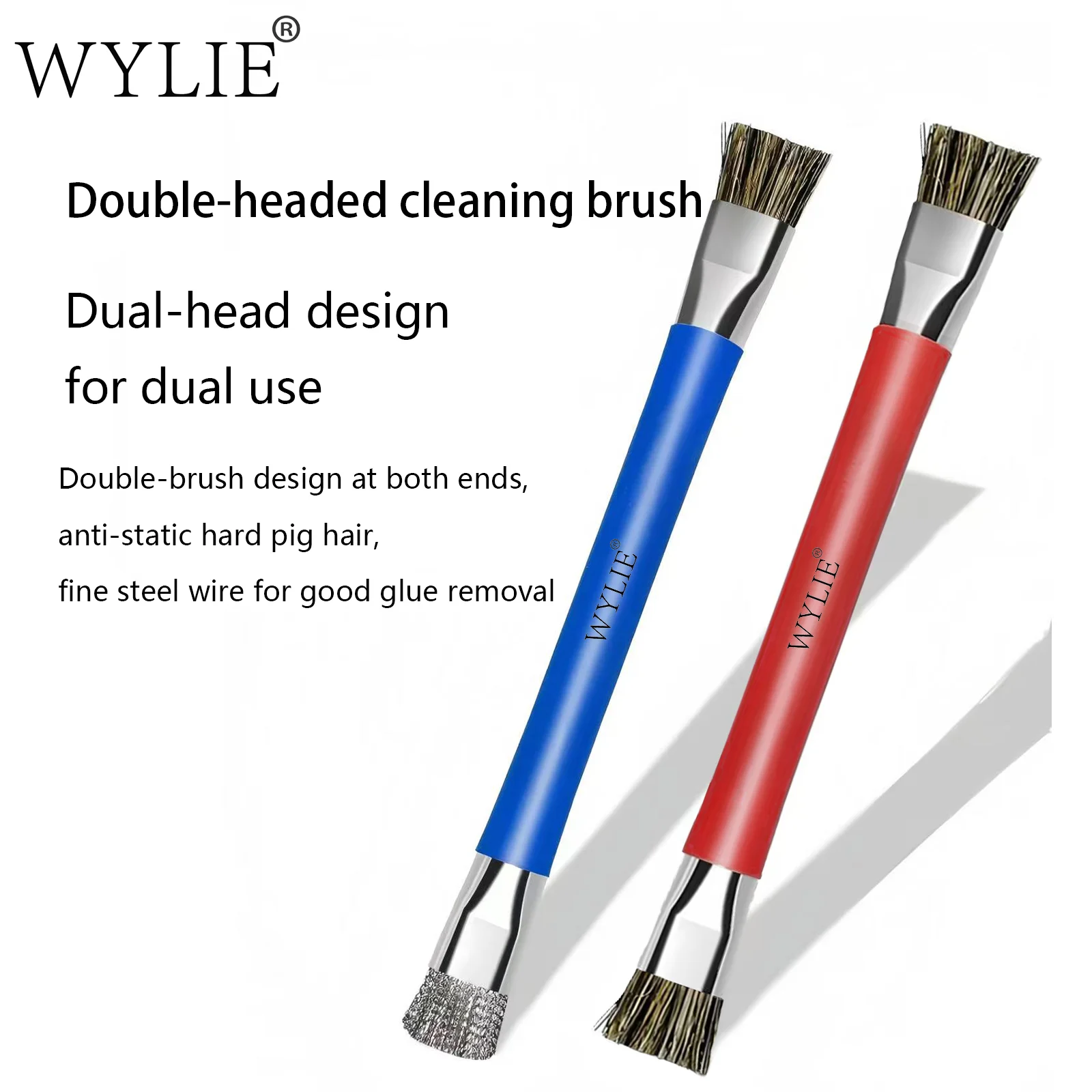 WYLIE Double-headed Cleaning Brush Anti-static Hard Pig Hair Fine Steel Wire for Good Cellphone Chip Glue Removal Brush Tool