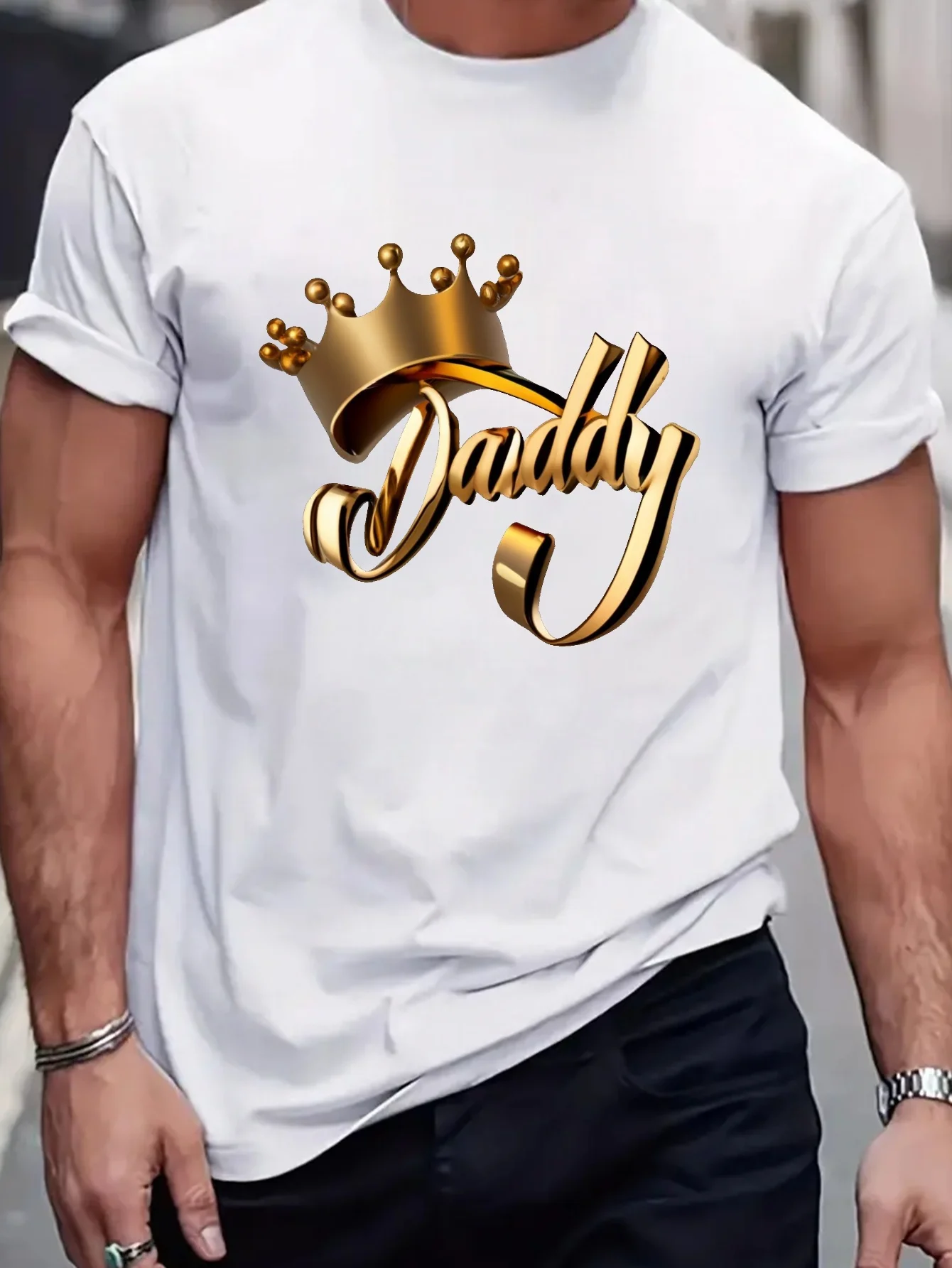 

New [Golden Daddy Fitted Tee] Sweat-Wicking Golden Daddy Calligraphy Crown Fitted Men's T-Shirt - Freedom of Movement