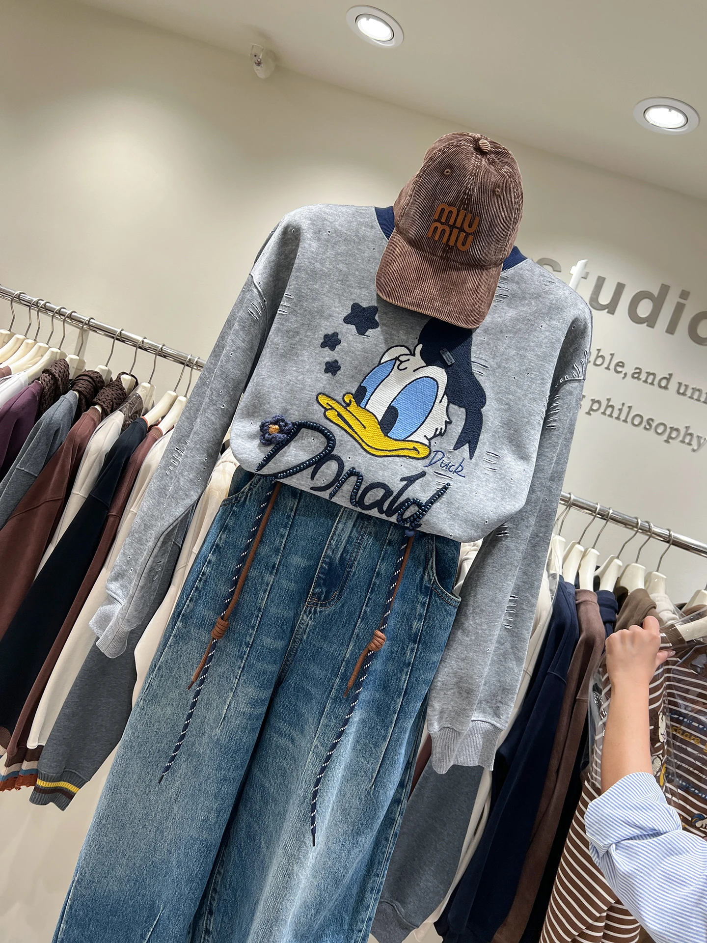 European Style Cartoon Print Crew Neck Sweatshirt for Women 2025 Autumn New Embroidery Color Block Duck Pullover Top