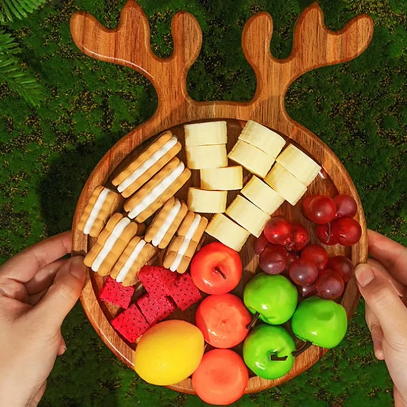 1-4PCS Christmas Wooden Fruit Tray Reindeer Design Serving Plate Snack Dish Afternoon Tea Dessert Christmas Party Decor