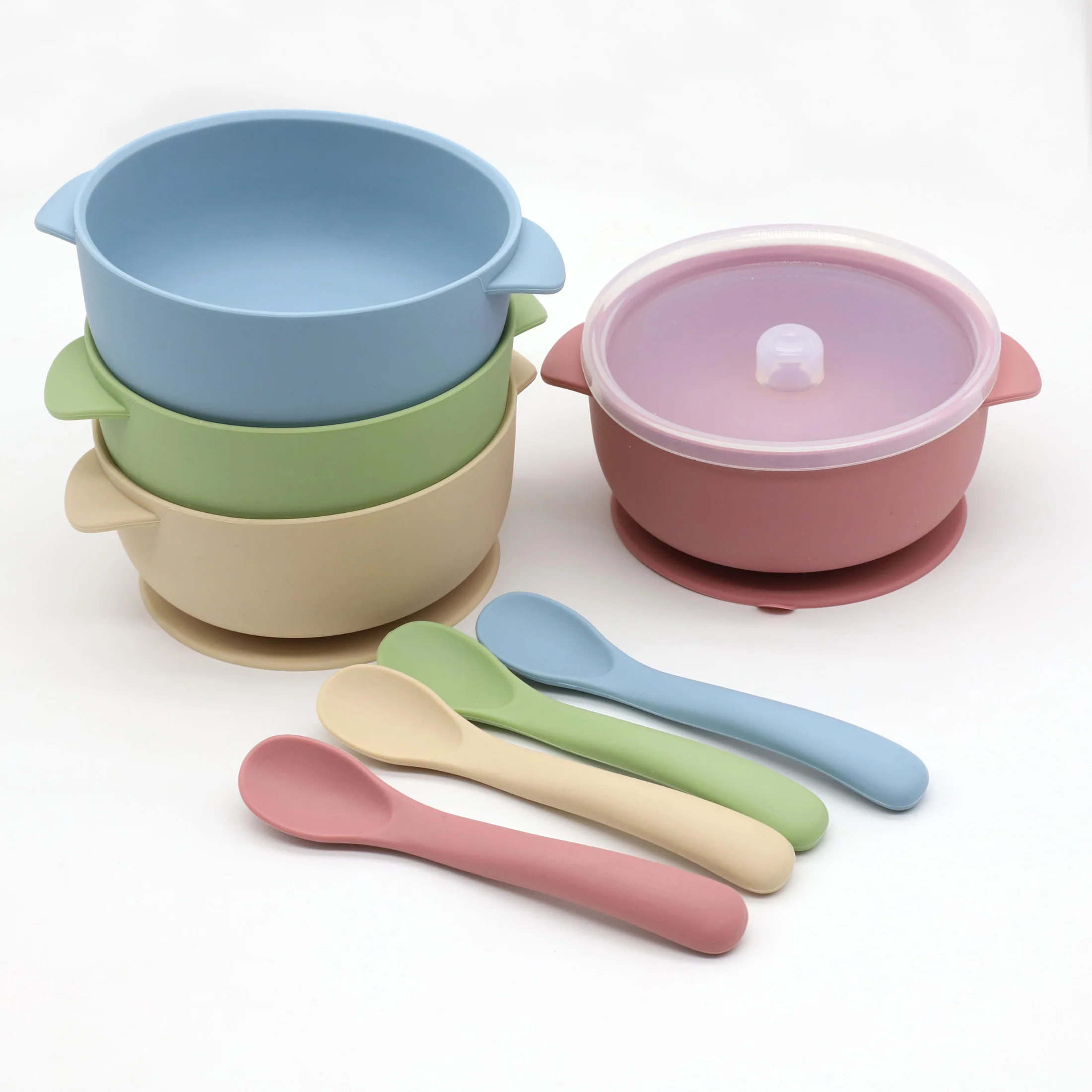 3pcs silicone bowl with lid, food spoon bowl with suction cup, strong suction set