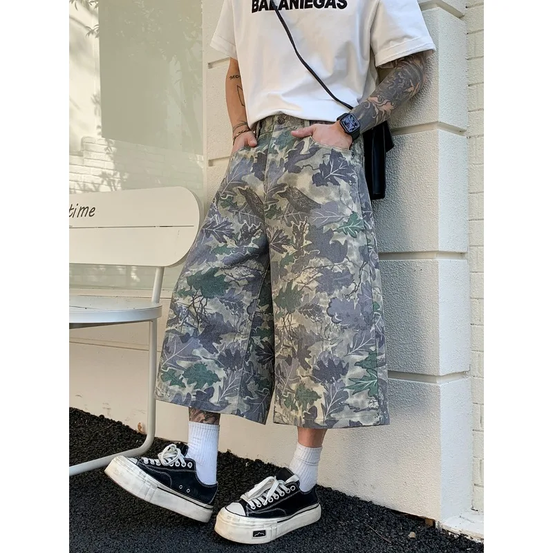 

Men's Y2K Korean Street Style Loose Fit High Waist Jeans Short Pants Blue New American Retro Casual Straight Cropped Seven