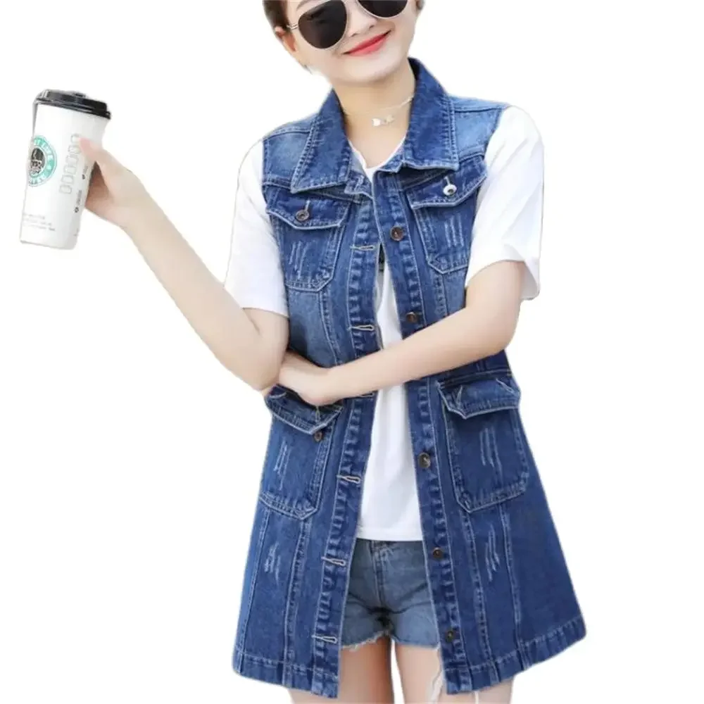 

2024 Autumn Trench Women Long Denim Vest Korean Tassel Ripped Jeans Sleeveless Jacket Waistcoat 6xl Casual Pocket Outwear Coat