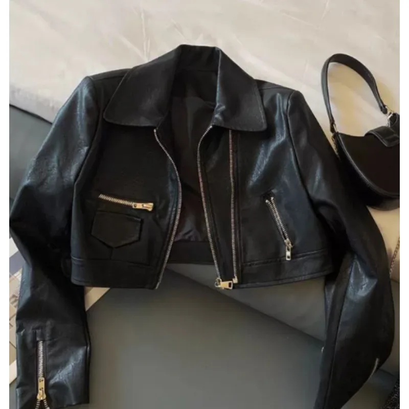 New Fashion PU Faux Leather Coat Leather Jacket Women Street Wear Motorcycle Jacket Short Double Zipper Long Sleeve Pockets 2