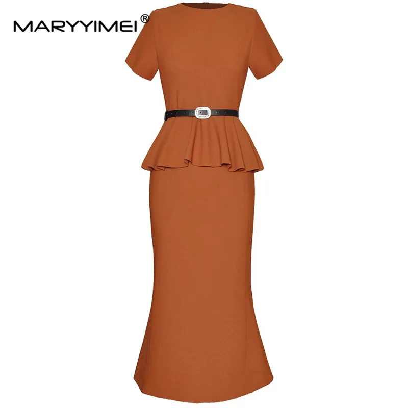 

MARYYIMEI Fashion Designer spring Summer Women's Dress O-Neck Short Sleeve Lace-Up Flounced Edge Commuter Mermaid Dresses