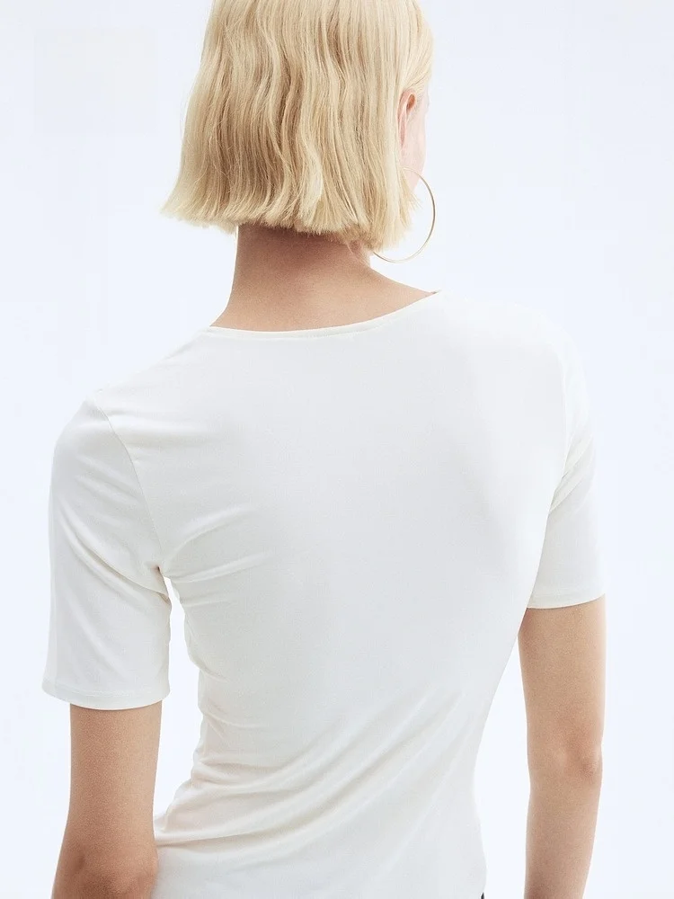 H&M 春の新作 レディース カジュアル ドレープトップ スリムフィット ラウンドネック ポリエステル スパンデックス混紡 レギュラー丈 Tシャツ