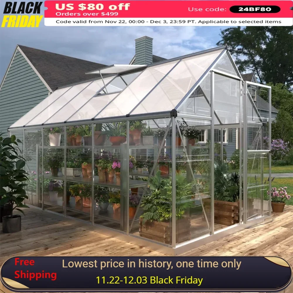 6x12 FT Greenhouse with 2 Vent Window, Walk-in Hobby with Lockable Hinged Door, Aluminum,Weatherproof, Hot House