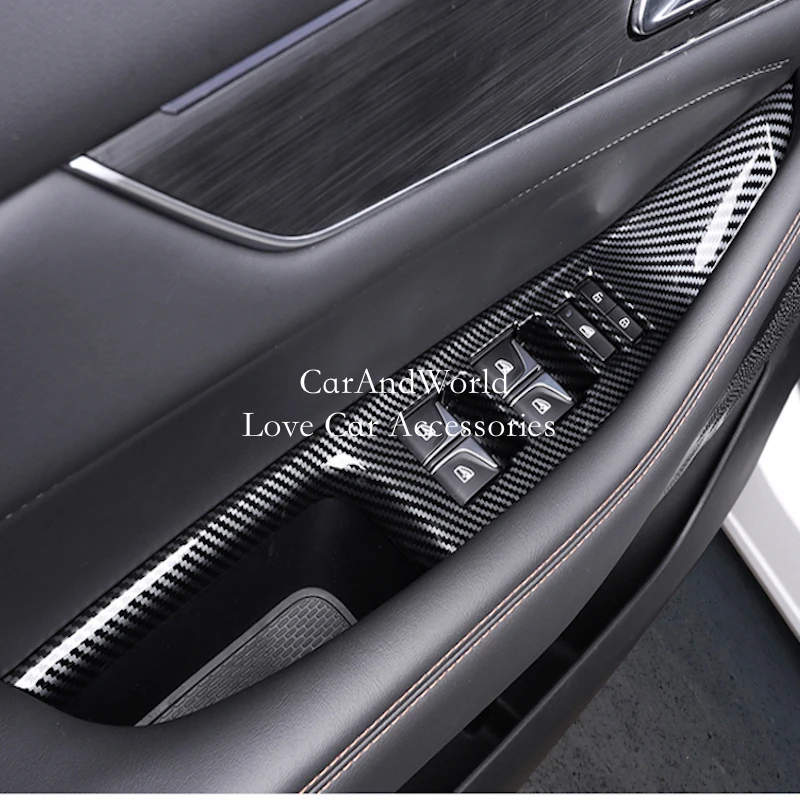 Carbon Fiber Door Window Glass Lift Panel Cover Interior Armrest Switch Trims Car Accessories For Changan UNIK UNI-K 2021-2024