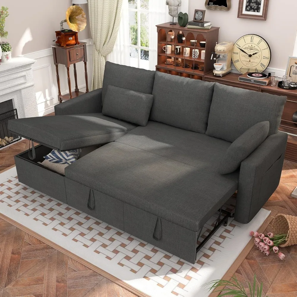 

Sleeper Soft Bed,Pull Out Couch Bed with Storage Chaise,Iron Frame Soft Futon ,Convertible Sleeper Couch for Living Room