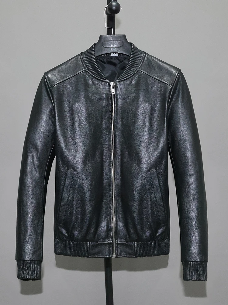 

First Layer Cowhide High Quality Genuine Real Leather Men's Short Baseball Uniform Cotton Coat